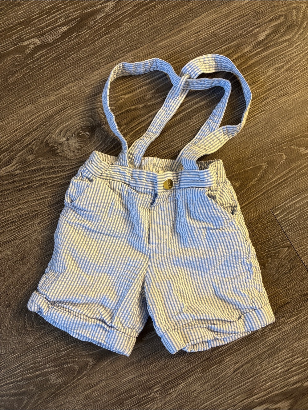 Janie and Jack Blue and White Striped Short Overalls with Suspenders